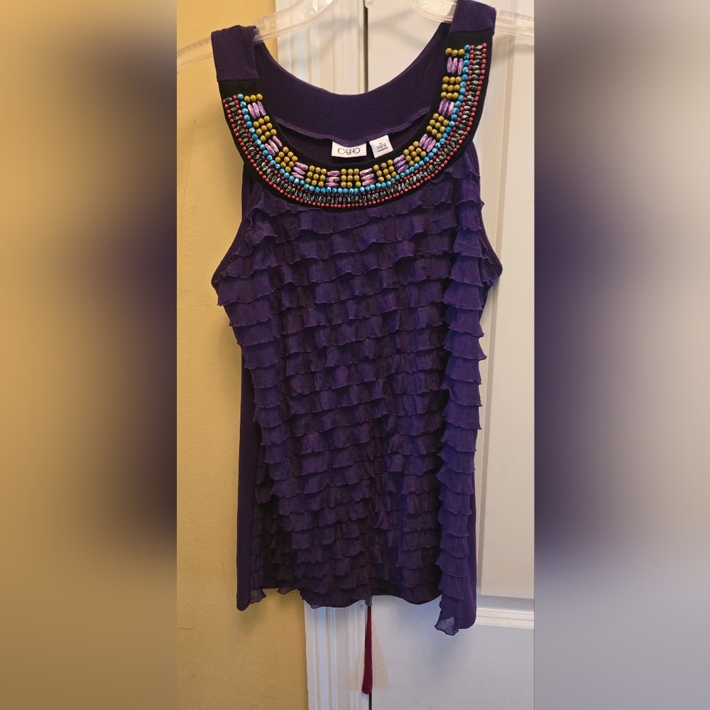 Women's Purple Ruffled Sleeveless Beaded Boho Neckline Blouse Festival Size Med